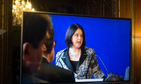 Sylvia Pinel, ministre du logement, de l'égalité des territoires et de la ruralité, lors de ses voeux, le 29 janvier 2015. ©Jp