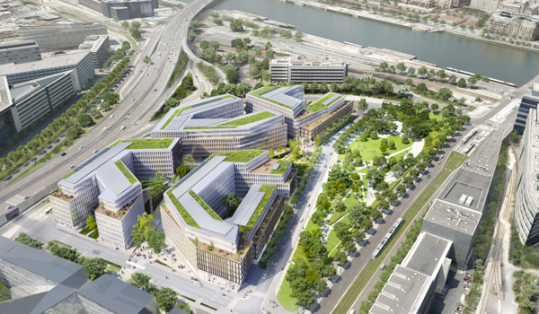 Le projet Qu4drans, à Balard : 86.000 m2 de surface utile de bureaux. Un projet conduit par Axa Real Estate. Architecte : Jean-Michel Wilmotte. Livraison première tranche : octobre 2015