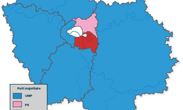 Carte des résultats des élections départementales 2015 en Ile-de-France.