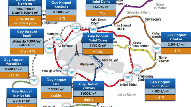 Carte issue de l'étude Guy Hoquet sur le marché de l'immobilier dans le Grand Paris.