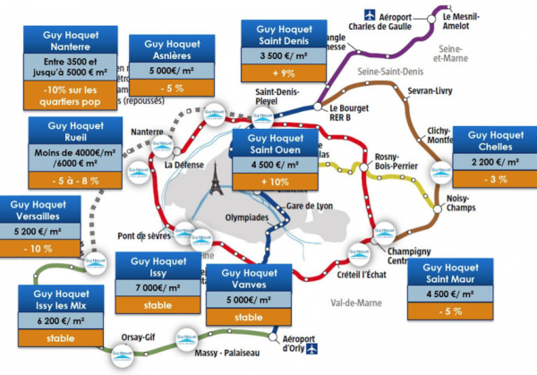 Carte issue de l'étude Guy Hoquet sur le marché de l'immobilier dans le Grand Paris.