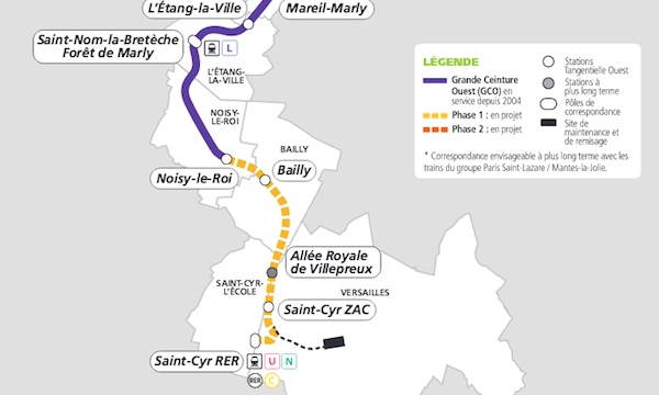 Tracé du prolongement de la tangentielle ouest au sud (phase 1).