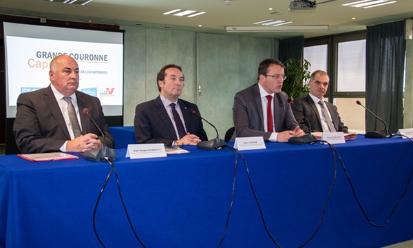 De gauche à droite : Jean-Jacques Barbaux (Seine-et-Marne), Pierre Bédier (Yvelines), François Durovray (Essonne) et Arnaud Bazin (Val d’Oise).