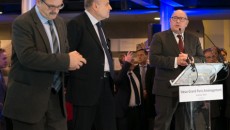Jean-François Carenco, préfet d'Ile-de-France, Jean-Marie Le Guen, secrétaire d'Etat chargé des Relations avec le Parlement, et Thierry Lajoie lors des voeux de Grand Paris aménagement en janvier 2016.