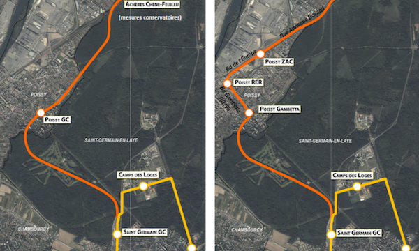 Comparaison des tracés initial (à gauche) et revu (à droite) de la phase 2 de la Tangentielle ouest.