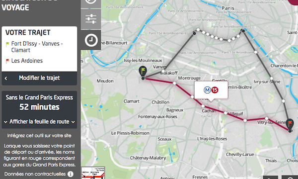 Comparaison du trajet entre Issy et les Ardoines avec et sans le Grand Paris express.