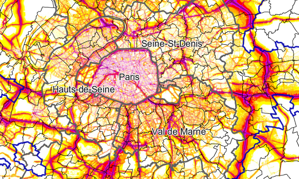 Carte du bruit des routes en Ile-de-France.