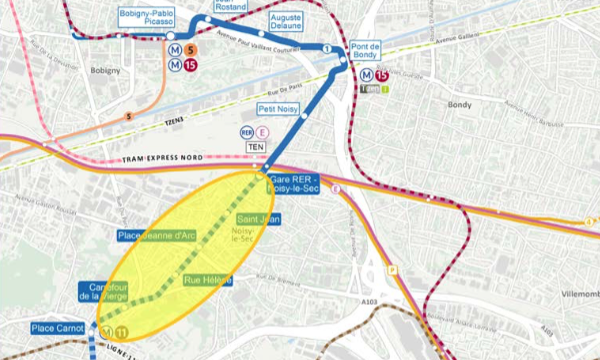 Secteur concerné par la nouvelle étude du prolongement du T1.