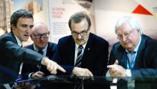 Damien Robert au Simi 2016, aux côtés de Thierry Lajoie, PDG de Grand Paris aménagement, et de Jean-François Carenco, préfet de région.