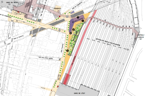 Carte des différents scénarios de liaisons entre la gare du Nord et de l'Est.
